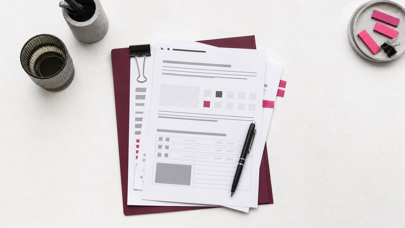 Política de uso de IA en empresas representada mediante documentos organizados con carpeta burdeos y pestañas magenta.